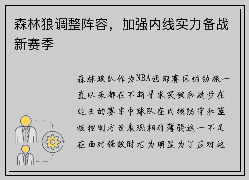 森林狼调整阵容，加强内线实力备战新赛季